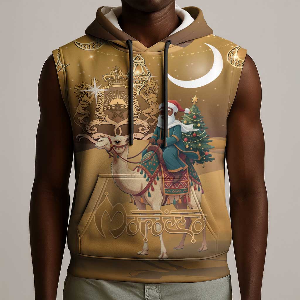 Afro Christmas in Sahara Morocco Sleeveless Hoodie Black Santa Riding Camel - African Pride