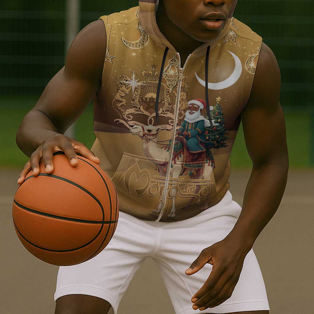 Afro Christmas in Sahara Morocco Sleeveless Zip Hoodie Black Santa Riding Camel - African Pride
