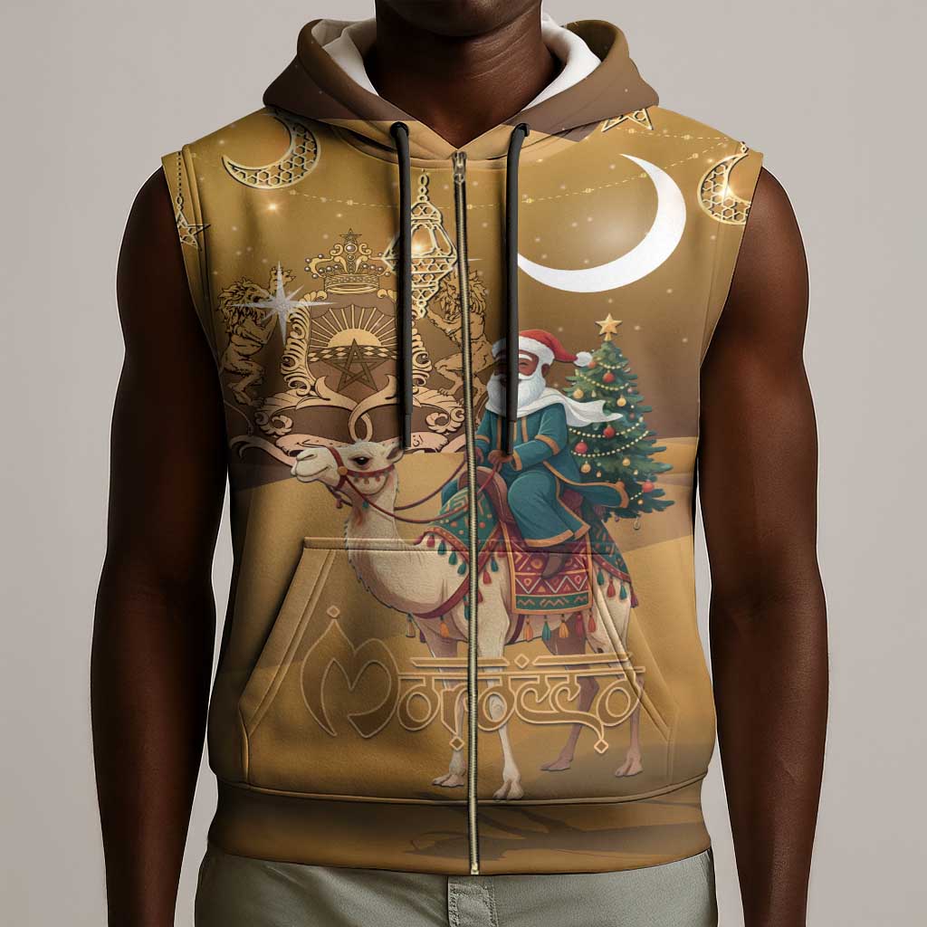 Afro Christmas in Sahara Morocco Sleeveless Zip Hoodie Black Santa Riding Camel - African Pride