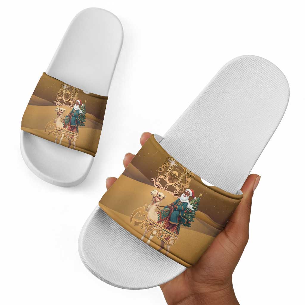 Morocco Christmas in Sahara Slide Sandals Black Santa Riding Camel