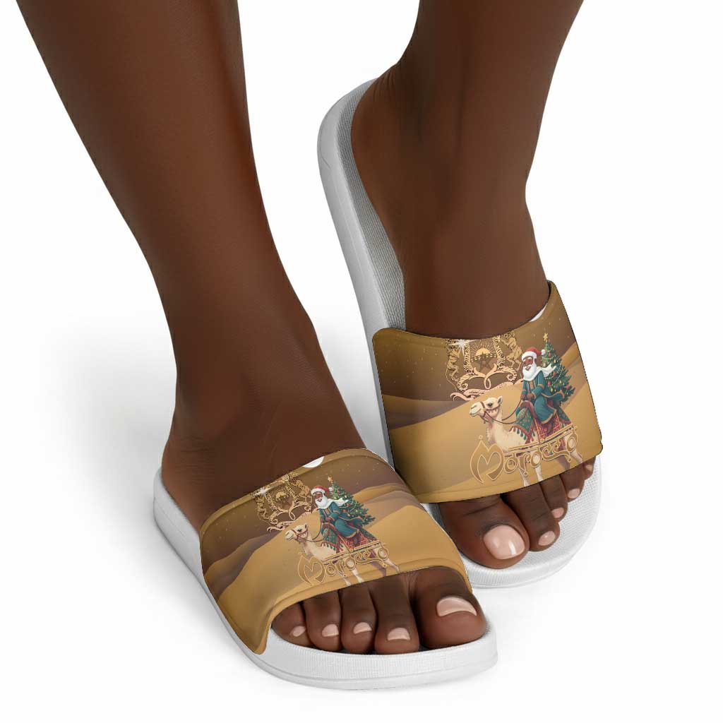 Morocco Christmas in Sahara Slide Sandals Black Santa Riding Camel