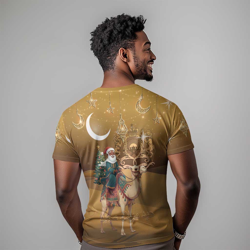 Afro Christmas in Sahara Morocco T shirt Black Santa Riding Camel - African Pride