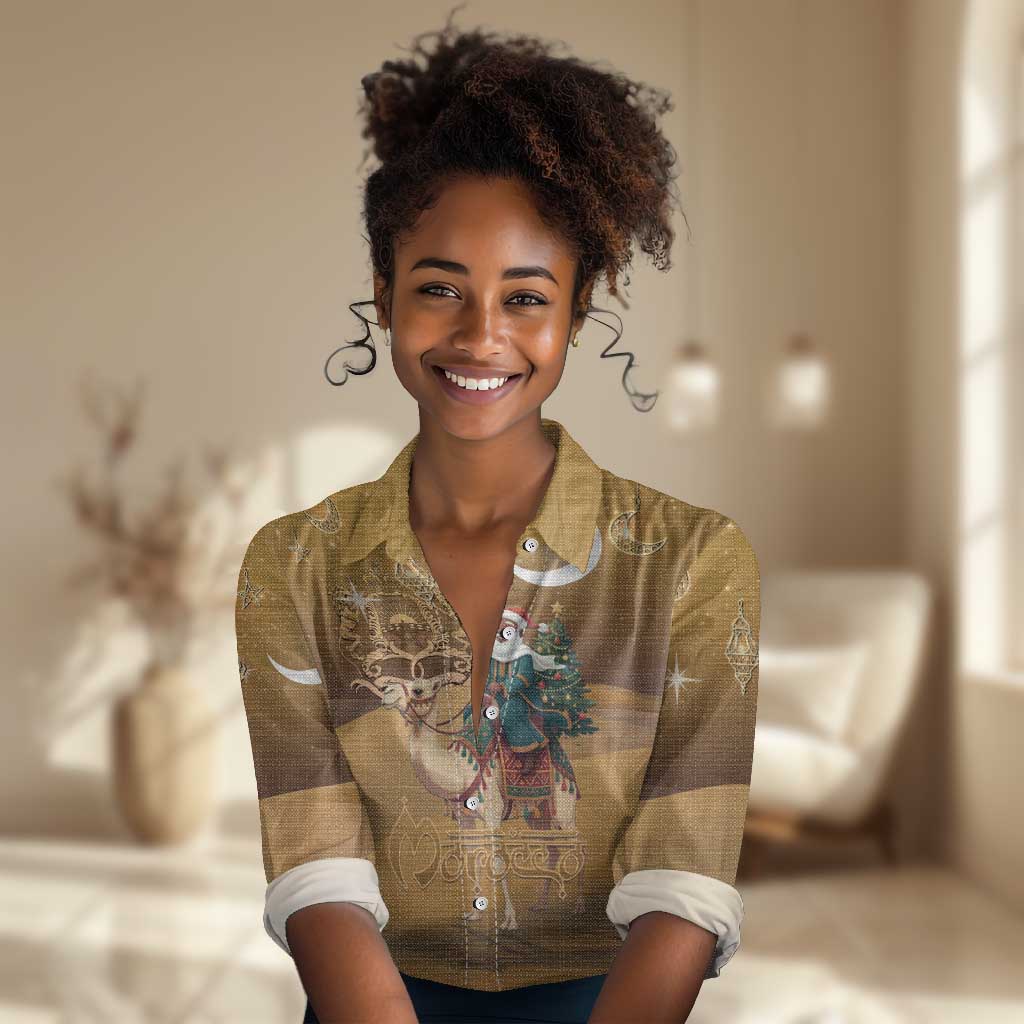 Afro Christmas in Sahara Morocco Women Casual Shirt Black Santa Riding Camel - African Pride