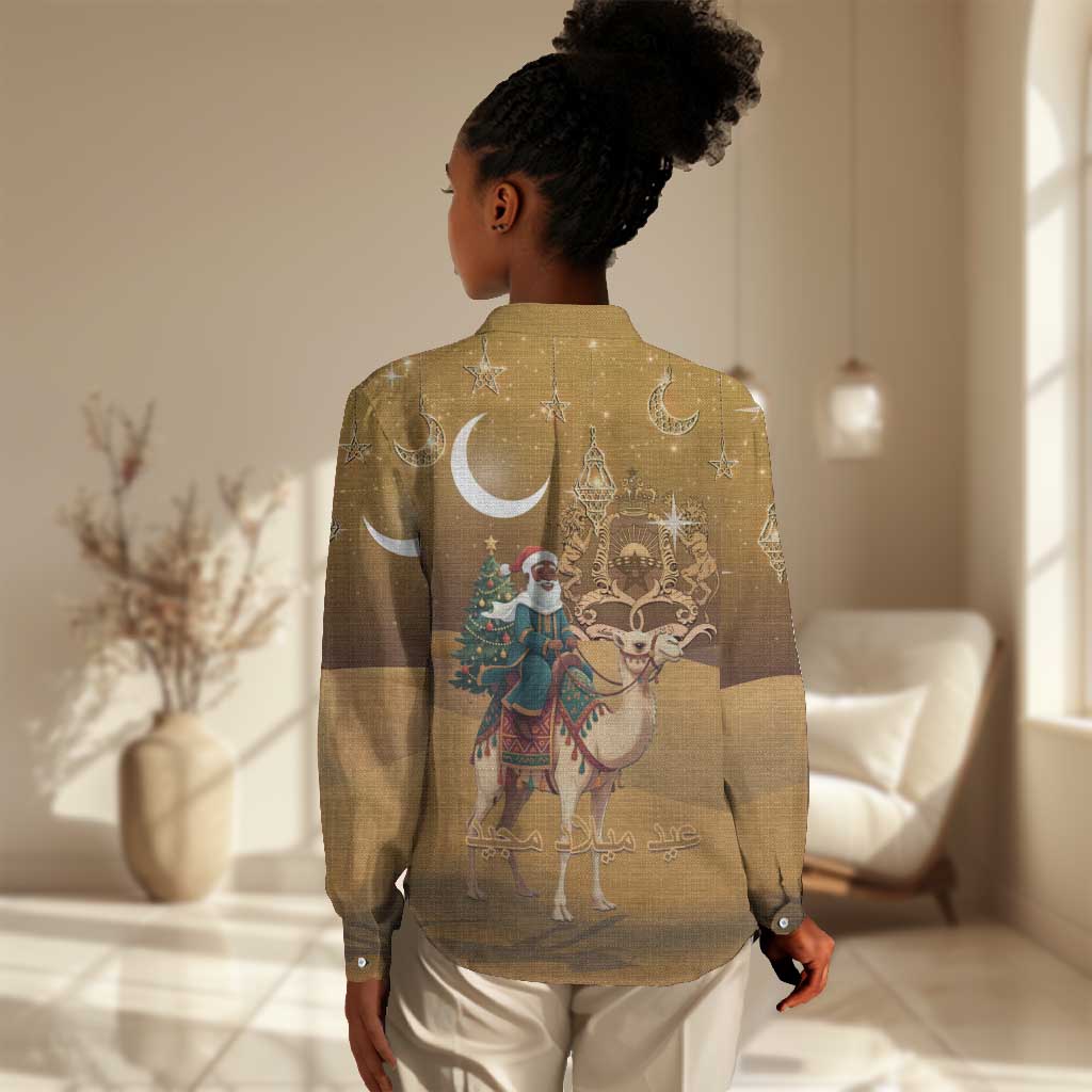 Afro Christmas in Sahara Morocco Women Casual Shirt Black Santa Riding Camel - African Pride