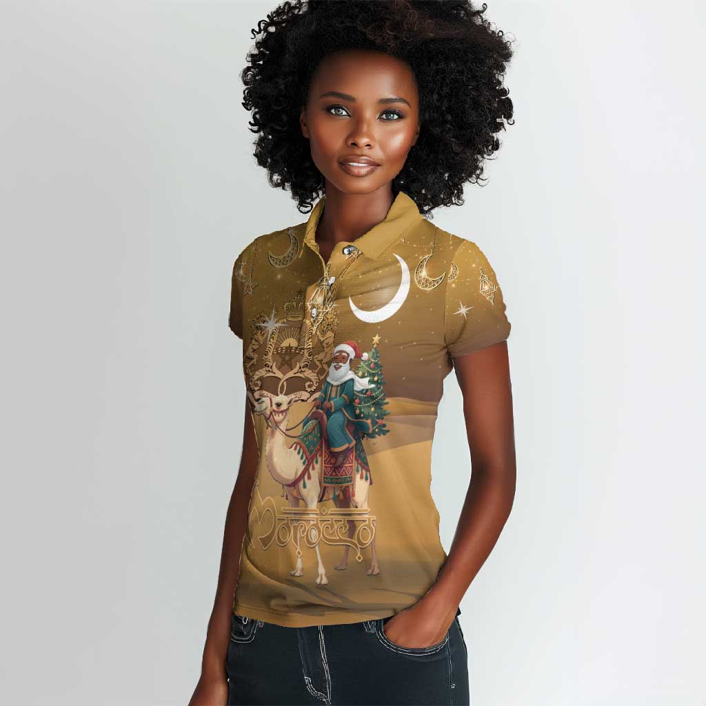 Afro Christmas in Sahara Morocco Women Polo Shirt Black Santa Riding Camel - African Pride