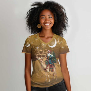Afro Christmas in Sahara Morocco Women V-Neck T-Shirt Black Santa Riding Camel - African Pride