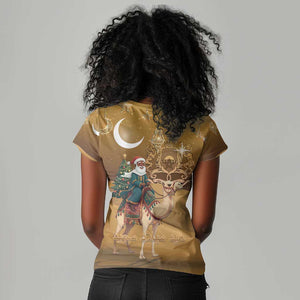 Afro Christmas in Sahara Morocco Women V-Neck T-Shirt Black Santa Riding Camel - African Pride