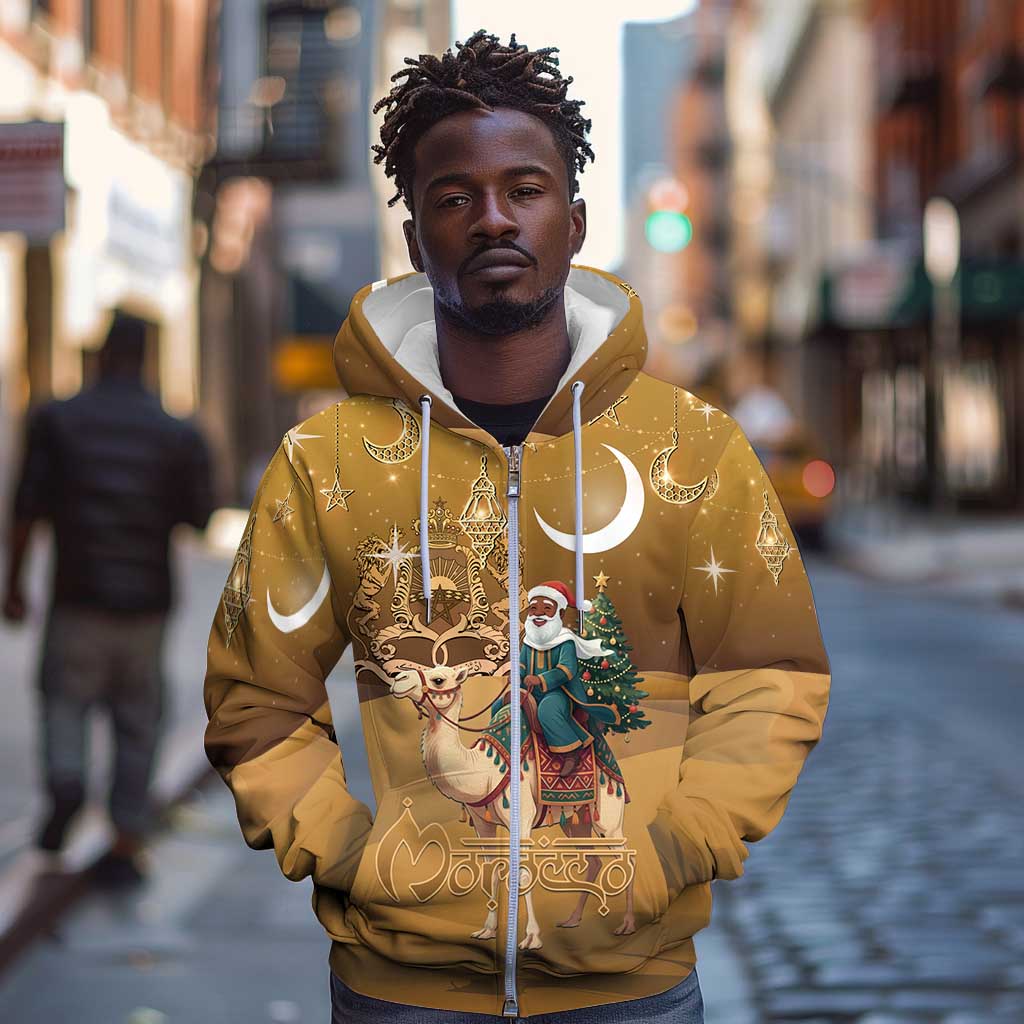 Afro Christmas in Sahara Morocco Zip Hoodie Black Santa Riding Camel - African Pride