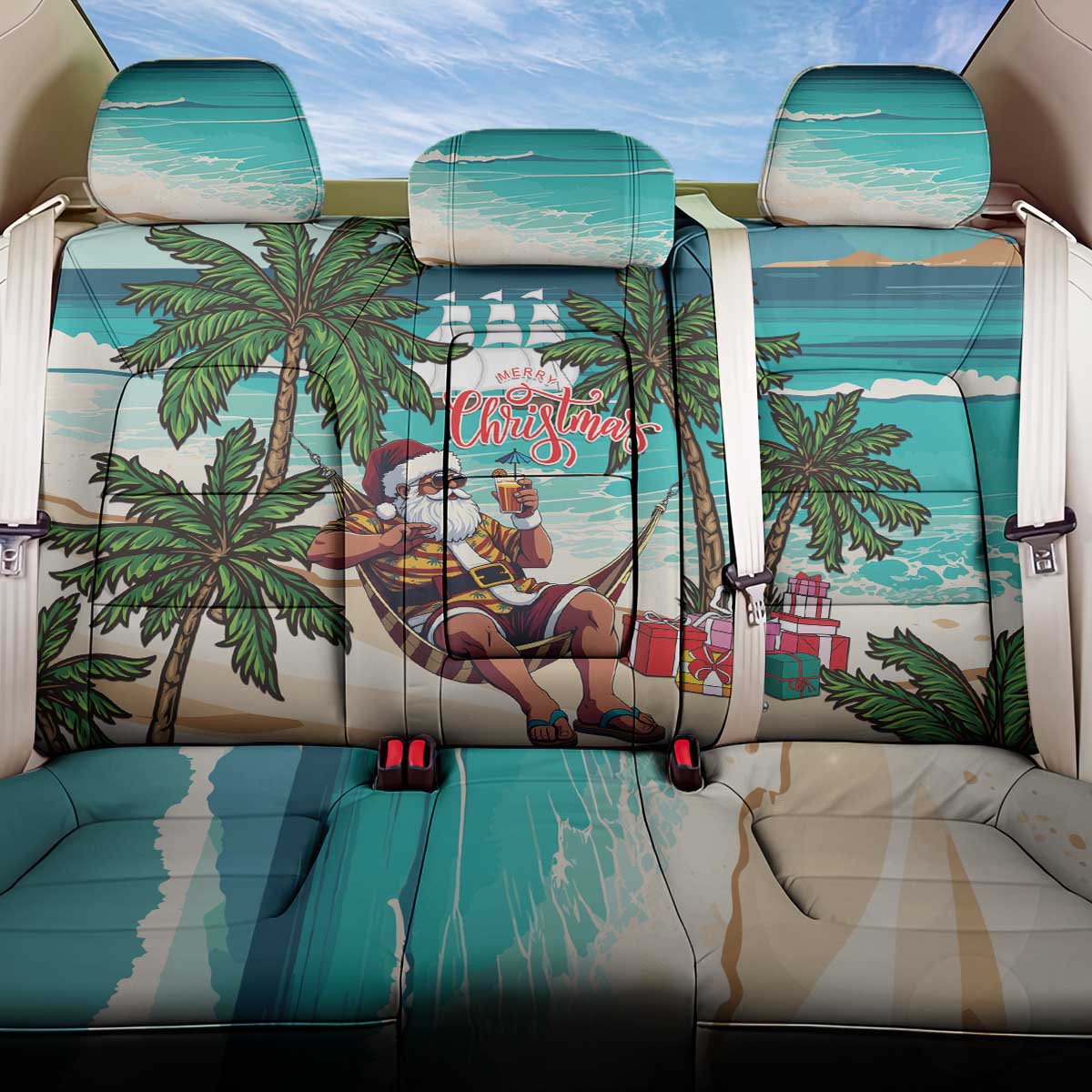 Afro Christmas in Liberia Back Car Seat Cover Santa Chill on Tropical Beach - African Pride
