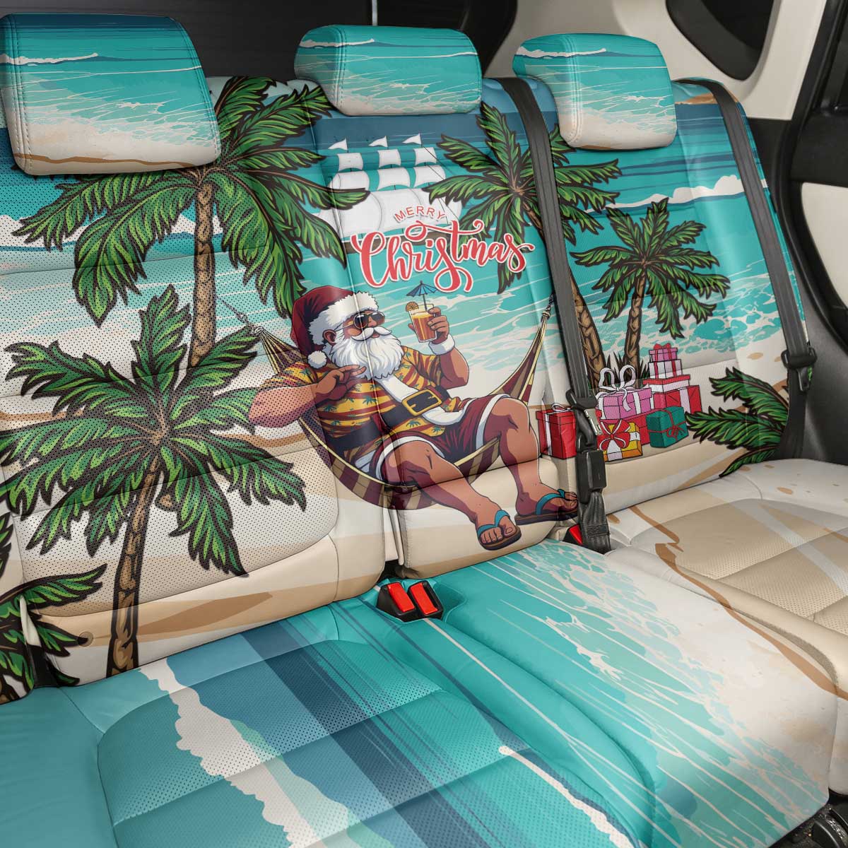 Afro Christmas in Liberia Back Car Seat Cover Santa Chill on Tropical Beach - African Pride