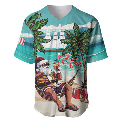 Afro Christmas in Liberia Baseball Jersey Santa Chill on Tropical Beach - African Pride