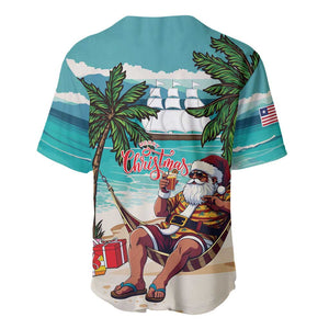 Afro Christmas in Liberia Baseball Jersey Santa Chill on Tropical Beach - African Pride