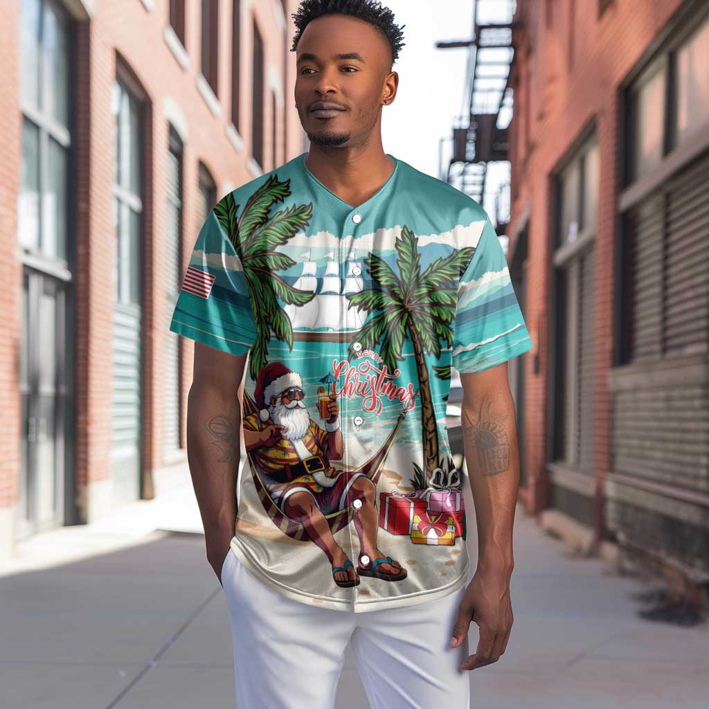 Afro Christmas in Liberia Baseball Jersey Santa Chill on Tropical Beach - African Pride