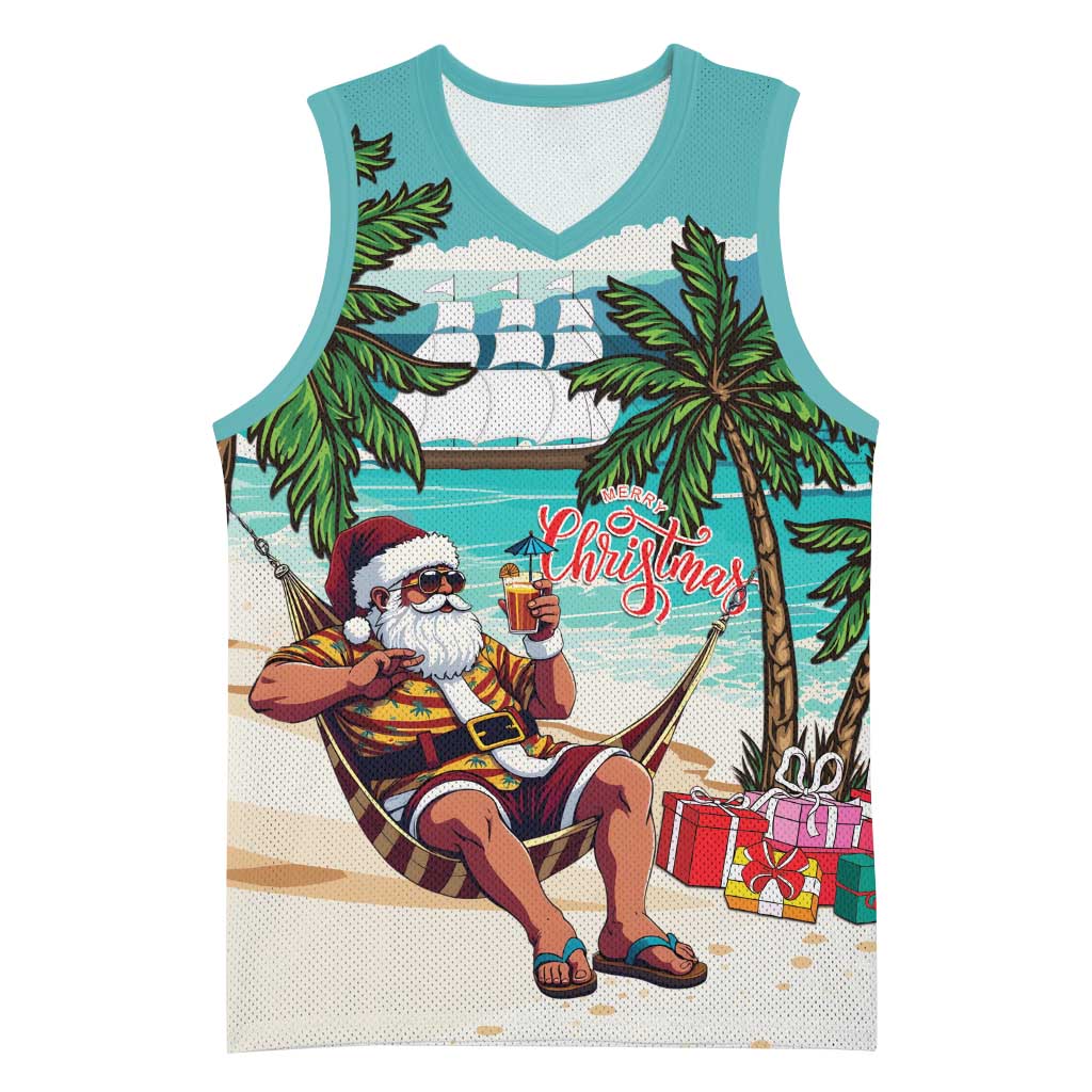 Afro Christmas in Liberia Basketball Jersey Santa Chill on Tropical Beach - African Pride