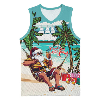 Afro Christmas in Liberia Basketball Jersey Santa Chill on Tropical Beach - African Pride