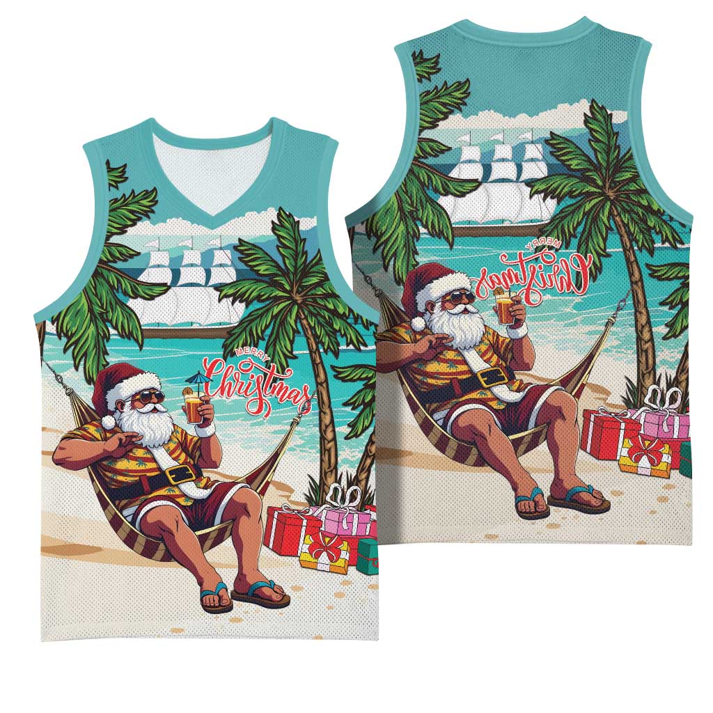 Afro Christmas in Liberia Basketball Jersey Santa Chill on Tropical Beach - African Pride
