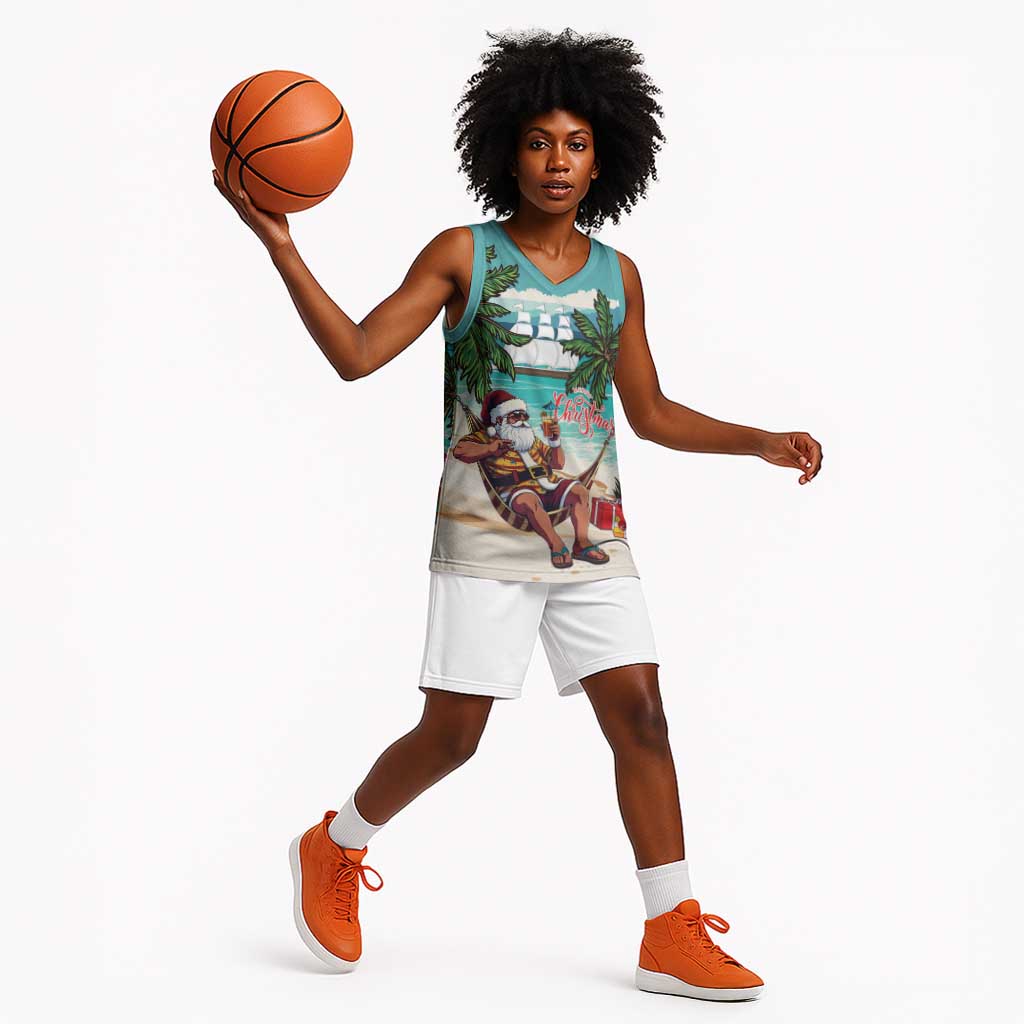 Afro Christmas in Liberia Basketball Jersey Santa Chill on Tropical Beach - African Pride