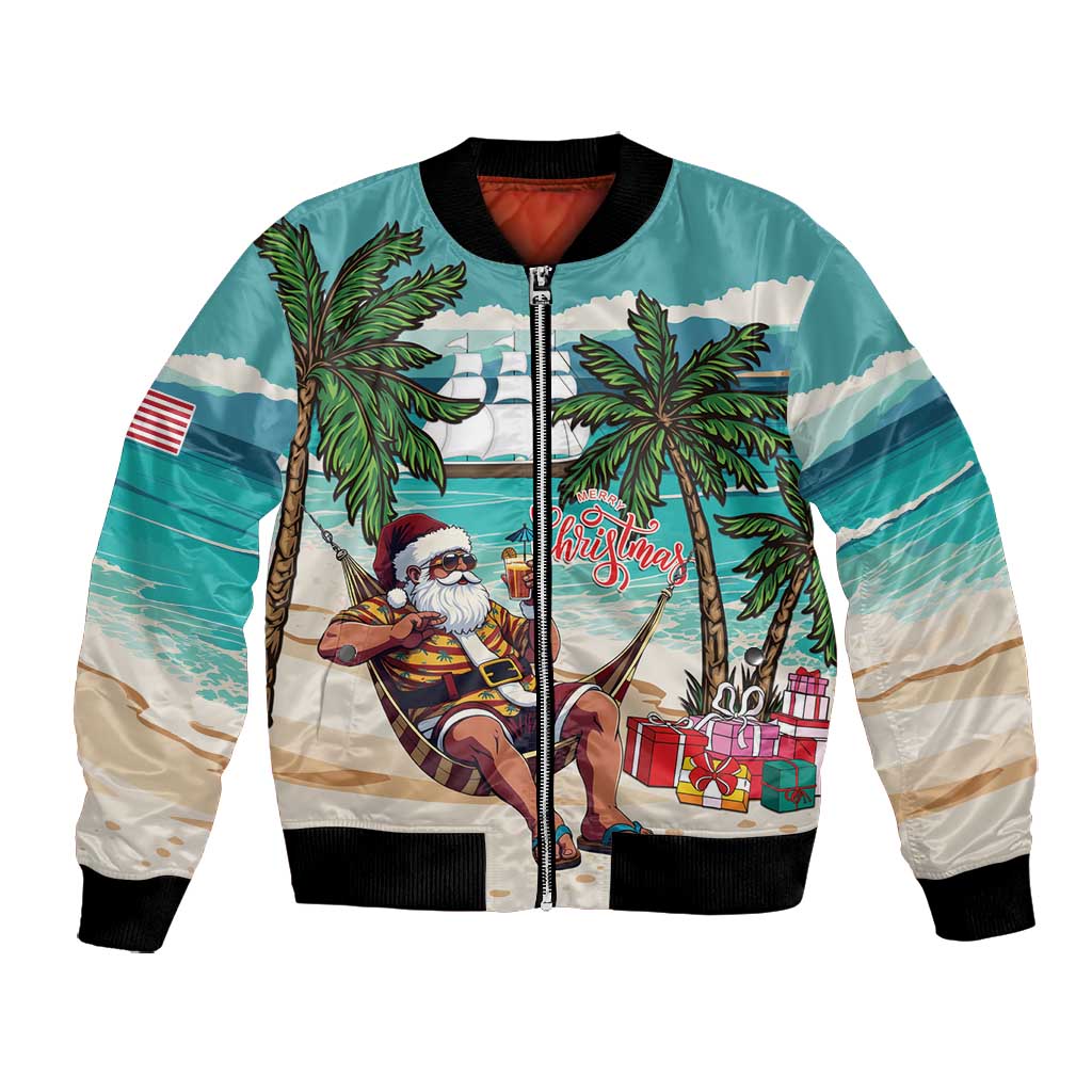 Afro Christmas in Liberia Bomber Jacket Santa Chill on Tropical Beach - African Pride