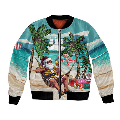 Afro Christmas in Liberia Bomber Jacket Santa Chill on Tropical Beach - African Pride