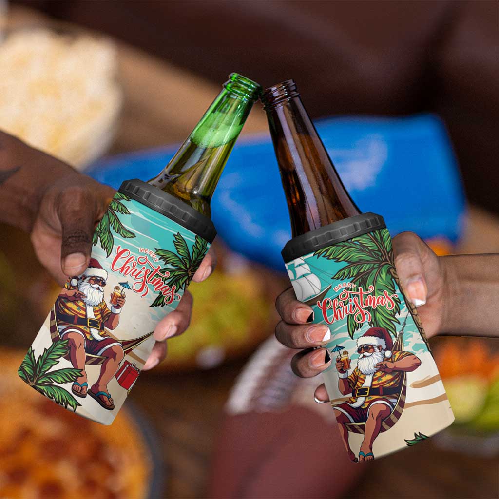 Afro Christmas in Liberia 4 in 1 Can Cooler Tumbler Santa Chill on Tropical Beach - African Pride