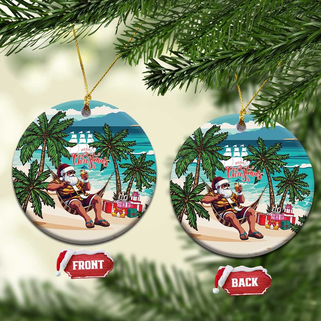 Afro Christmas in Liberia Ceramic Ornament Santa Chill on Tropical Beach - African Pride