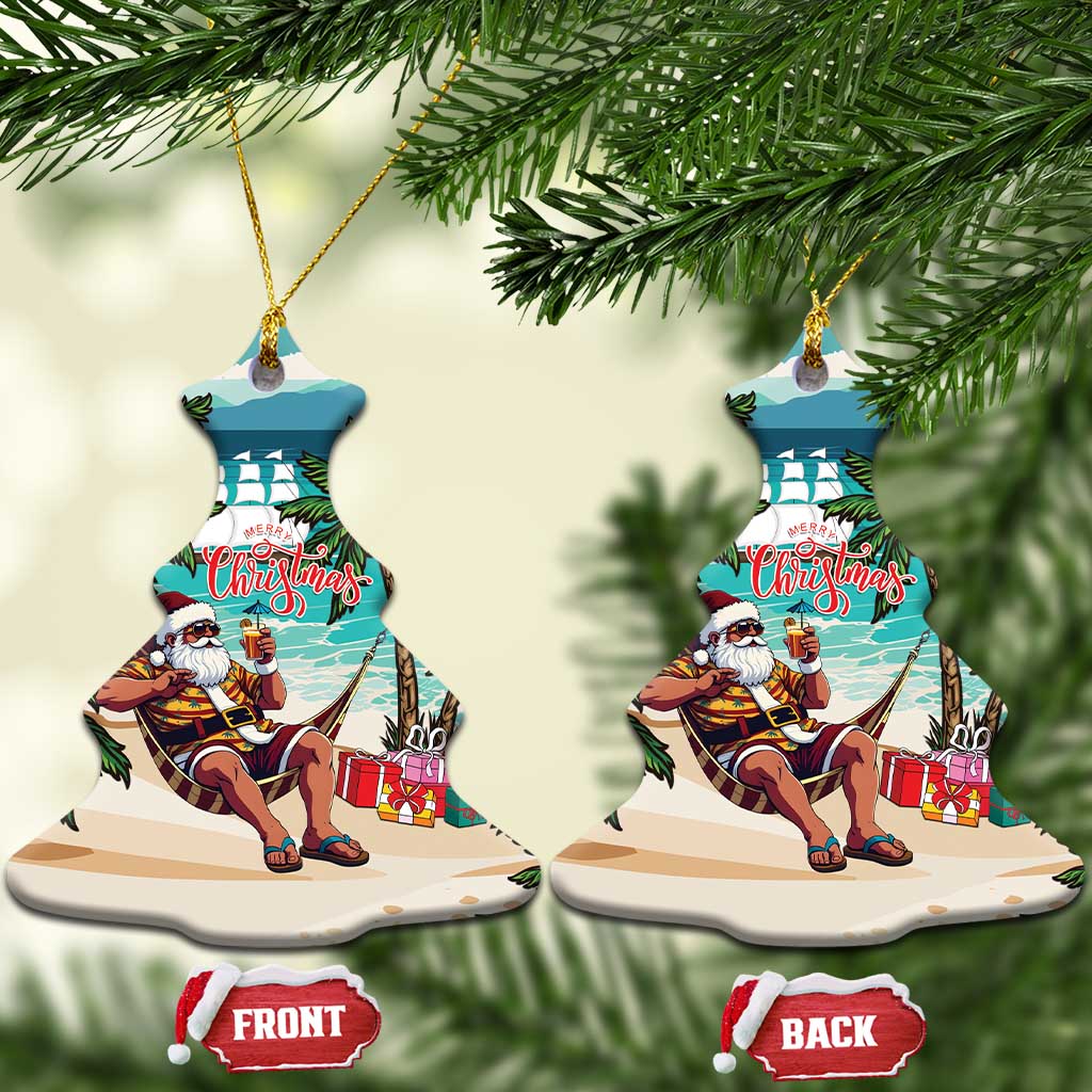 Afro Christmas in Liberia Ceramic Ornament Santa Chill on Tropical Beach - African Pride