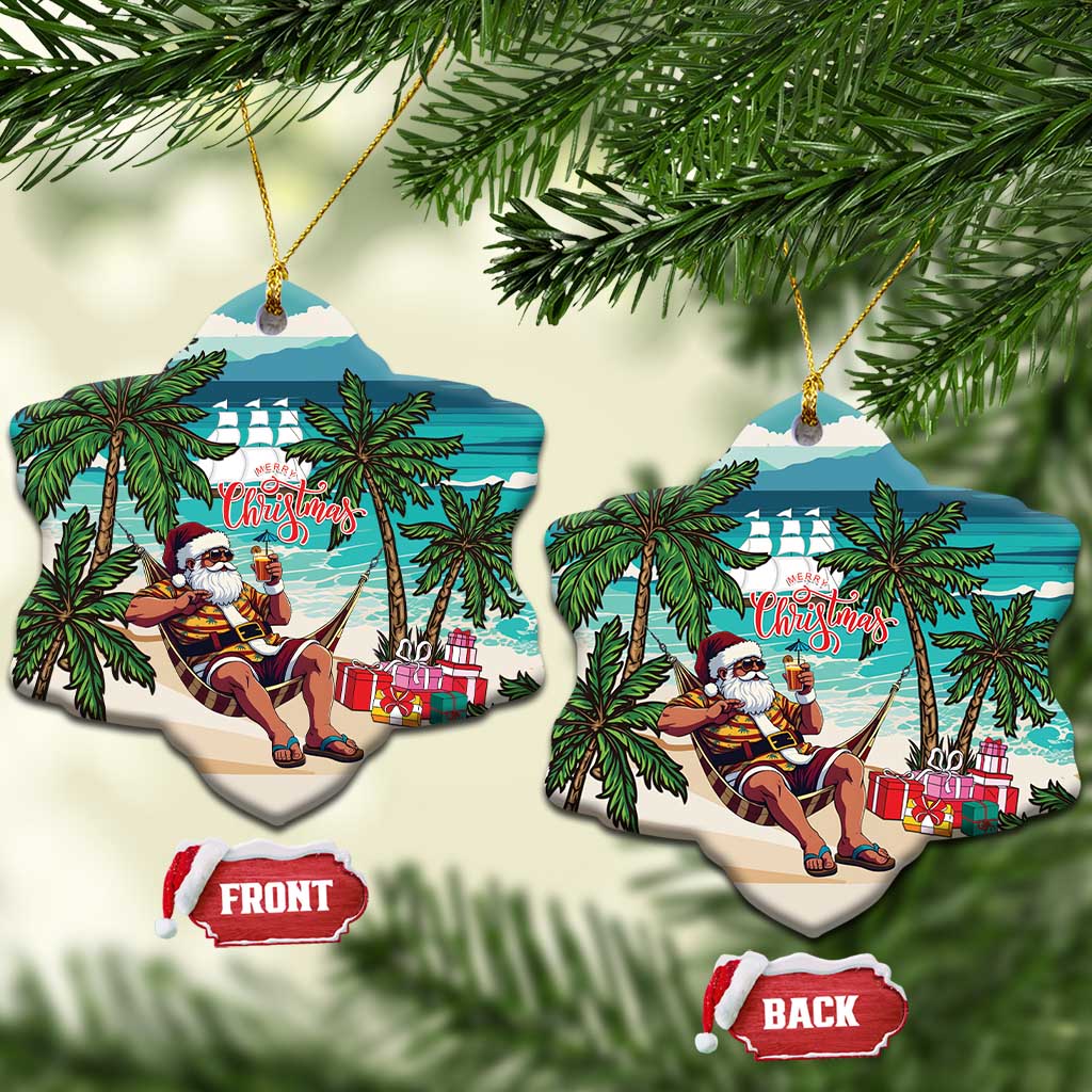 Afro Christmas in Liberia Ceramic Ornament Santa Chill on Tropical Beach - African Pride