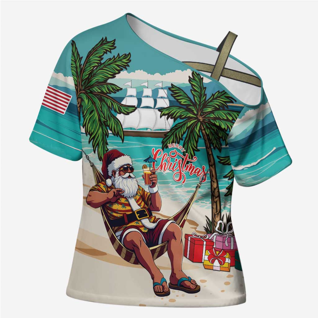 Liberia Christmas Cross Shoulder Shirt Santa Chill on Tropical Beach