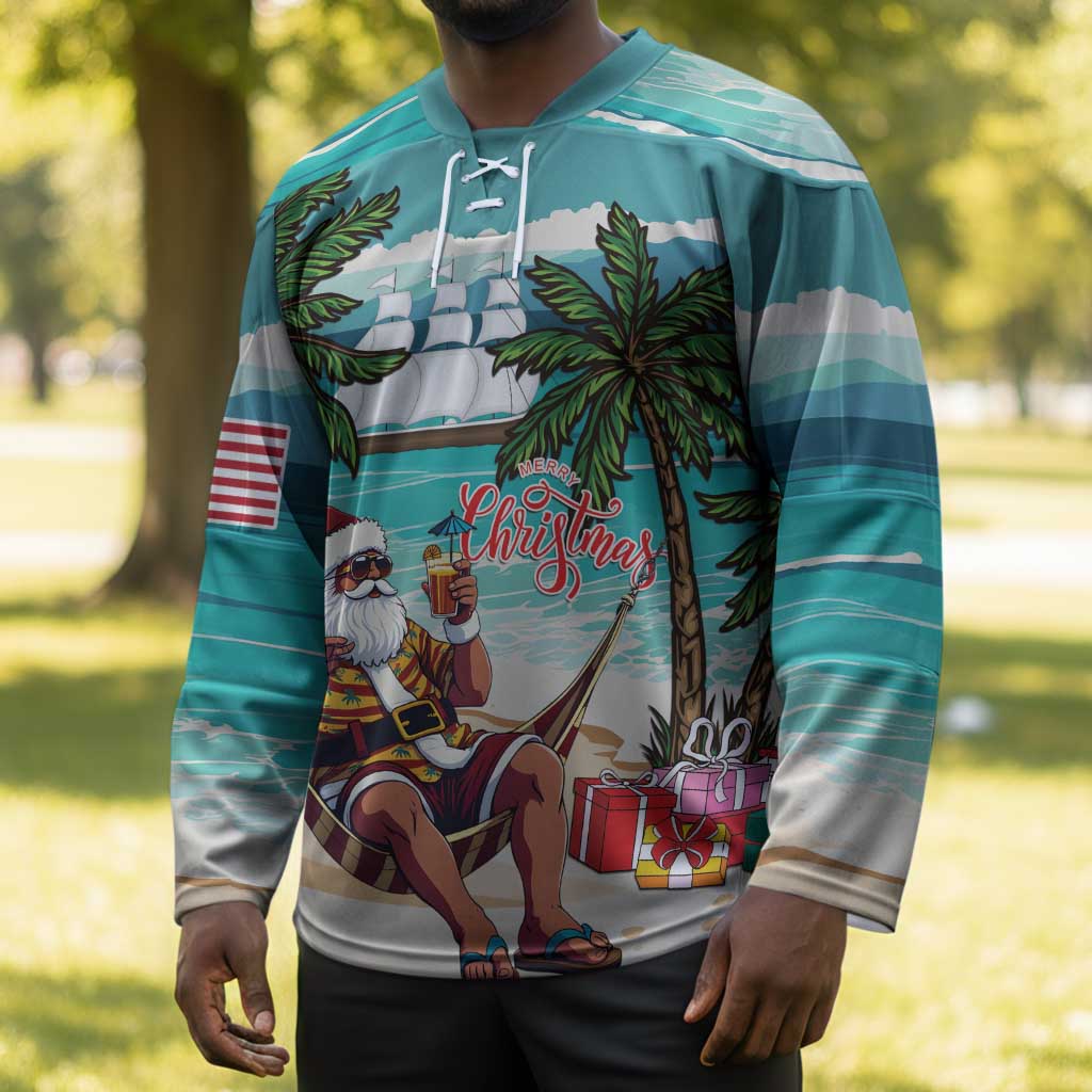 Liberia Christmas Hockey Jersey Santa Chill on Tropical Beach