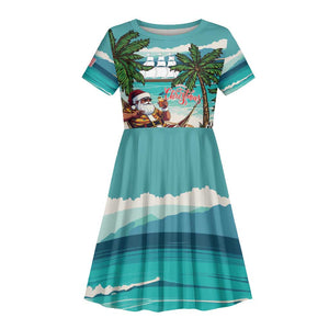 Afro Christmas in Liberia Kid Short Sleeve Dress Santa Chill on Tropical Beach - African Pride