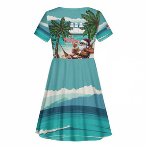Afro Christmas in Liberia Kid Short Sleeve Dress Santa Chill on Tropical Beach - African Pride