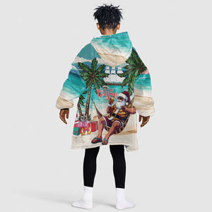 Afro Christmas in Liberia Kid Wearable Blanket Hoodie Santa Chill on Tropical Beach - African Pride