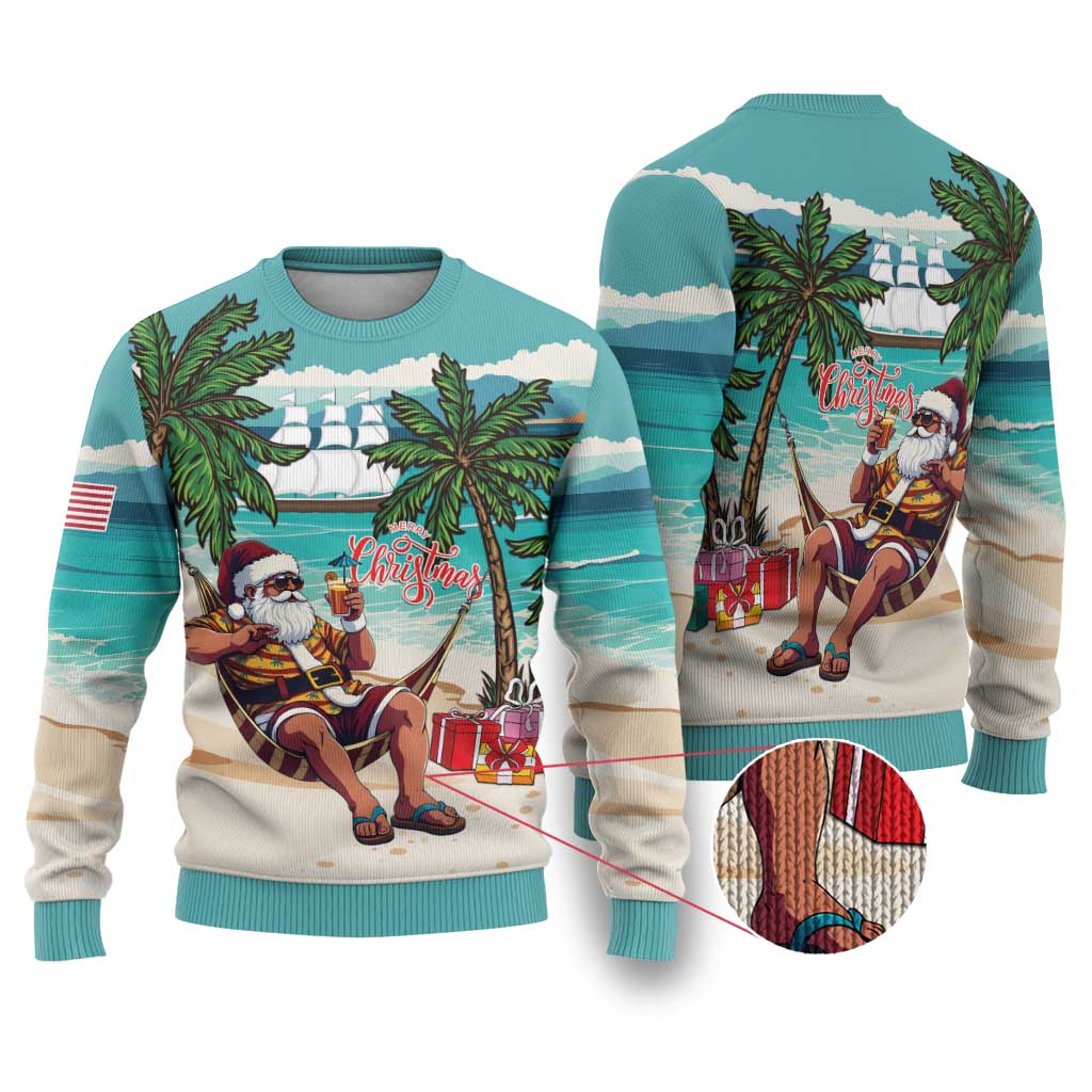 Afro Christmas in Liberia Ugly Christmas Sweater Santa Chill on Tropical Beach - African Pride