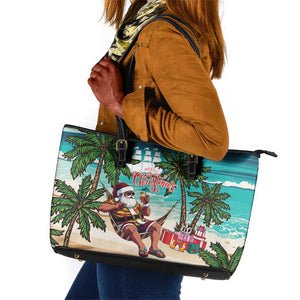 Afro Christmas in Liberia Leather Tote Bag Santa Chill on Tropical Beach - African Pride