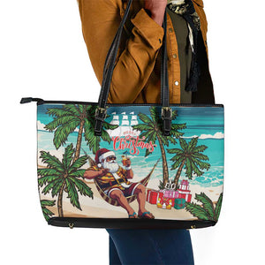 Afro Christmas in Liberia Leather Tote Bag Santa Chill on Tropical Beach - African Pride