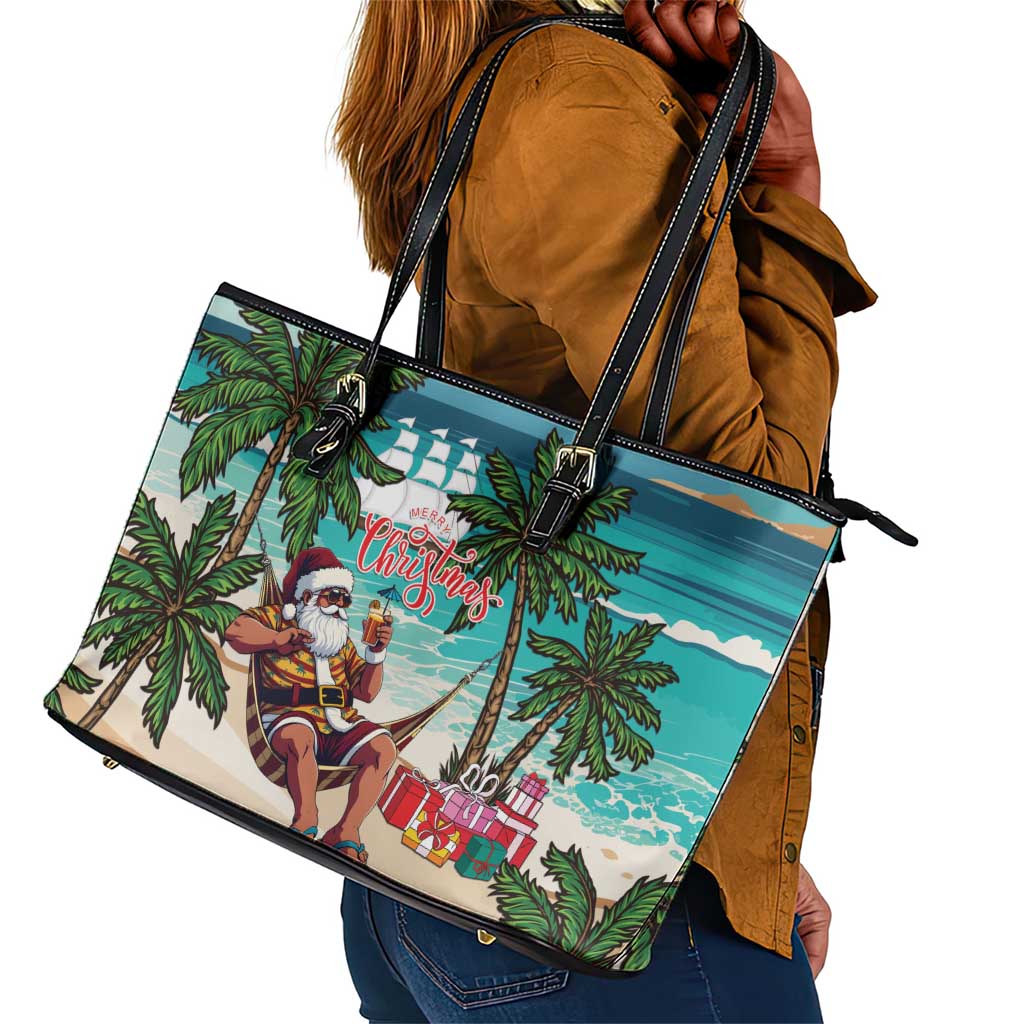 Afro Christmas in Liberia Leather Tote Bag Santa Chill on Tropical Beach - African Pride