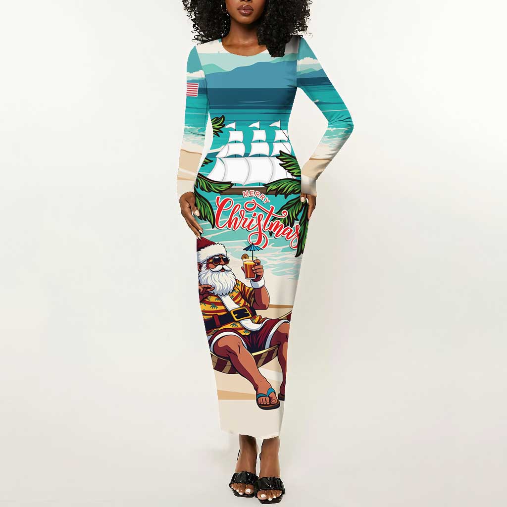 Afro Christmas in Liberia Long Sleeve Bodycon Dress Santa Chill on Tropical Beach - African Pride