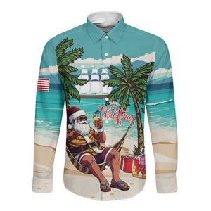 Afro Christmas in Liberia Long Sleeve Button Shirt Santa Chill on Tropical Beach - African Pride