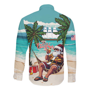 Afro Christmas in Liberia Long Sleeve Button Shirt Santa Chill on Tropical Beach - African Pride