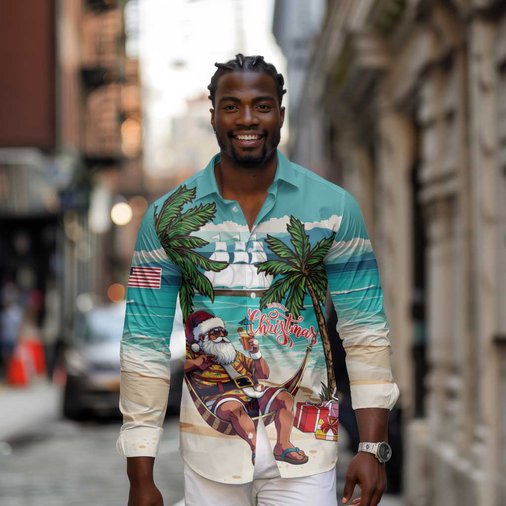 Afro Christmas in Liberia Long Sleeve Button Shirt Santa Chill on Tropical Beach - African Pride