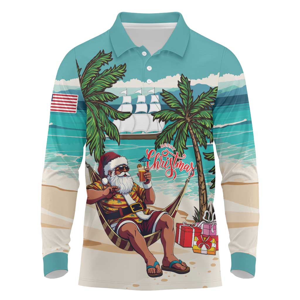 Afro Christmas in Liberia Long Sleeve Polo Shirt Santa Chill on Tropical Beach - African Pride
