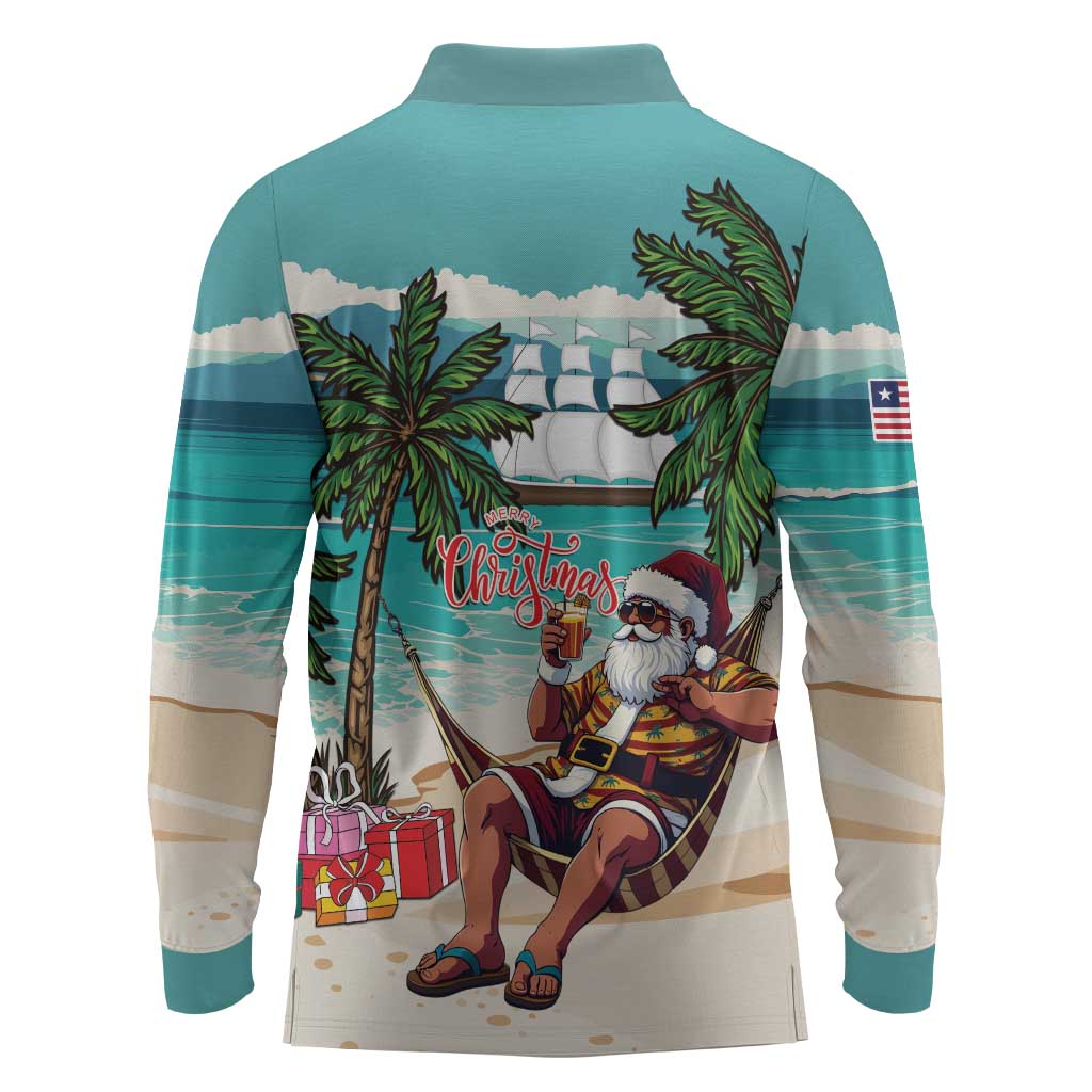 Afro Christmas in Liberia Long Sleeve Polo Shirt Santa Chill on Tropical Beach - African Pride