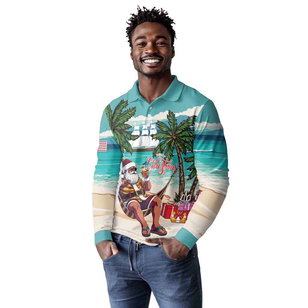 Afro Christmas in Liberia Long Sleeve Polo Shirt Santa Chill on Tropical Beach - African Pride