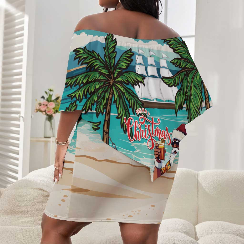 Afro Christmas in Liberia Off Shoulder Short Dress Santa Chill on Tropical Beach - African Pride