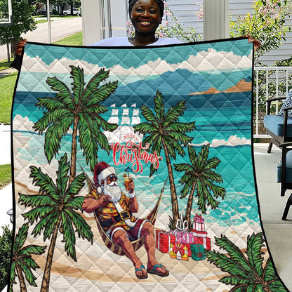Afro Christmas in Liberia Quilt Santa Chill on Tropical Beach - African Pride