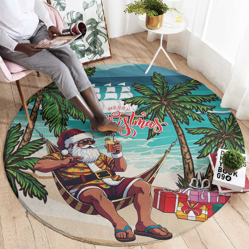 Afro Christmas in Liberia Round Carpet Santa Chill on Tropical Beach - African Pride