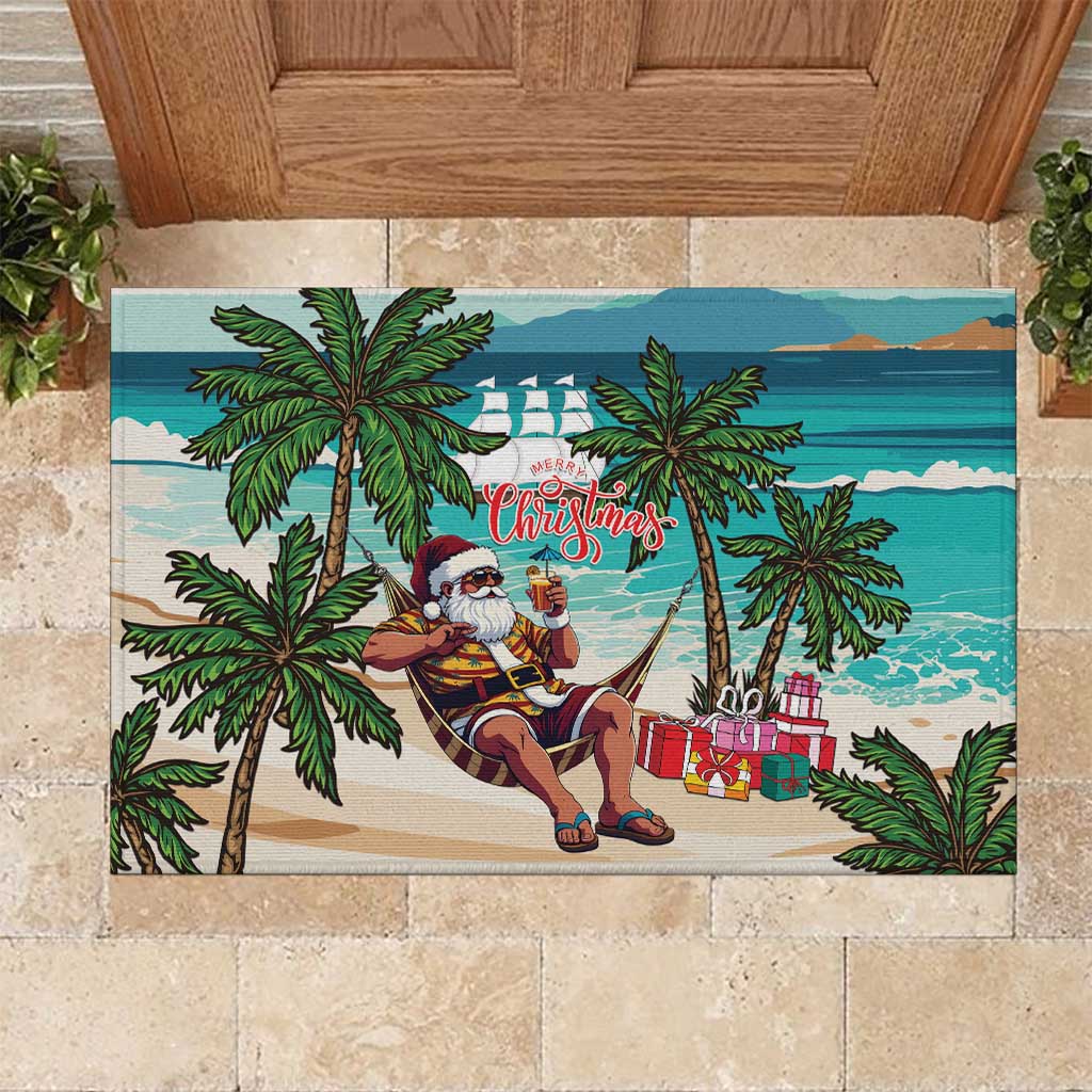 Afro Christmas in Liberia Rubber Doormat Santa Chill on Tropical Beach - African Pride