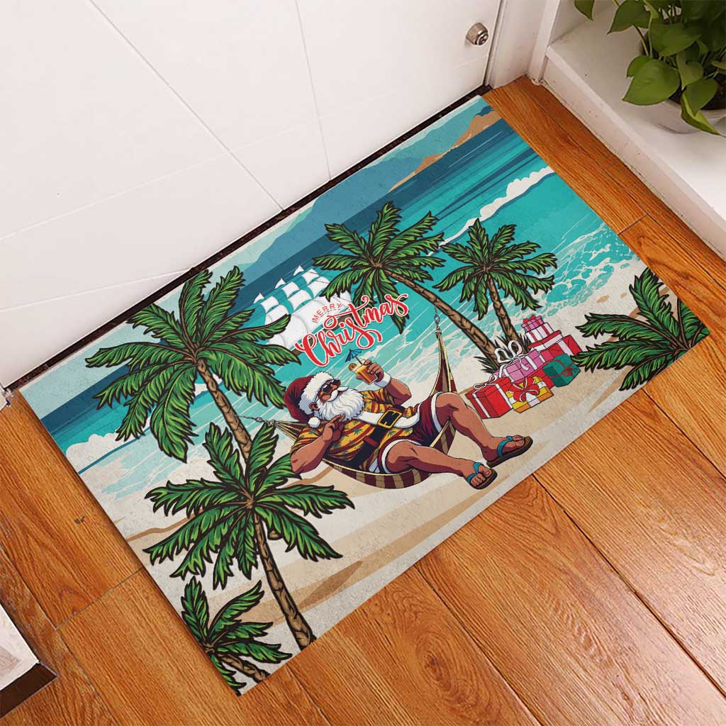 Afro Christmas in Liberia Rubber Doormat Santa Chill on Tropical Beach - African Pride