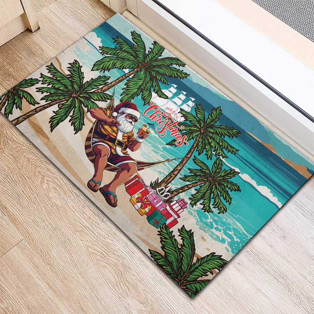 Afro Christmas in Liberia Rubber Doormat Santa Chill on Tropical Beach - African Pride