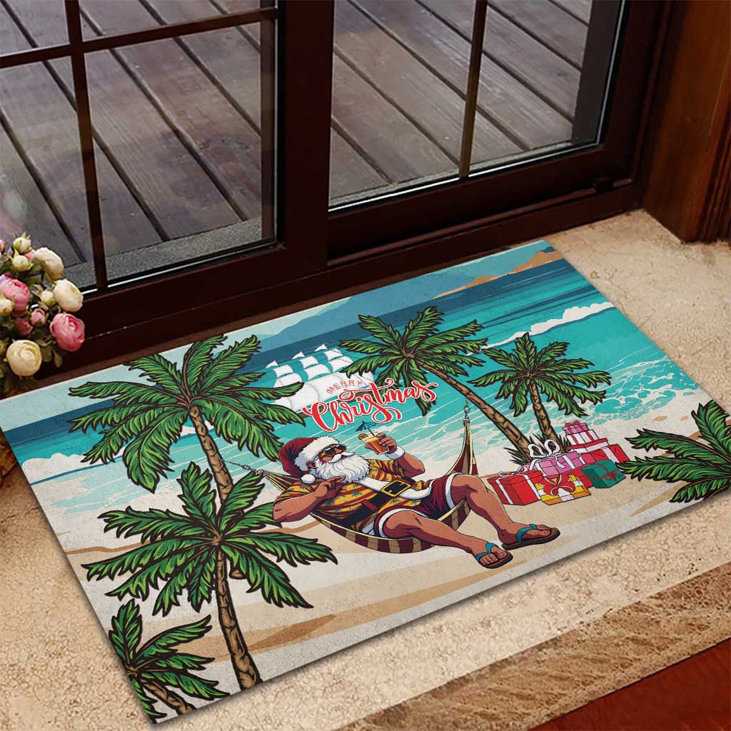 Afro Christmas in Liberia Rubber Doormat Santa Chill on Tropical Beach - African Pride